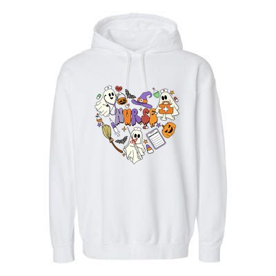 Heart Nurse Boo Ghost Groovy Spooky Season Retro Halloween Gift Garment-Dyed Fleece Hoodie