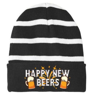 Happy New Beers New Year NYE Party Funny Striped Beanie with Solid Band