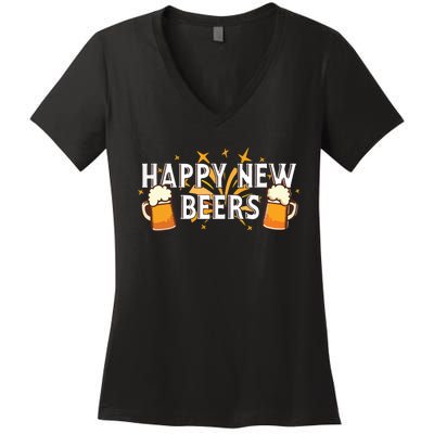 Happy New Beers New Year NYE Party Funny Women's V-Neck T-Shirt