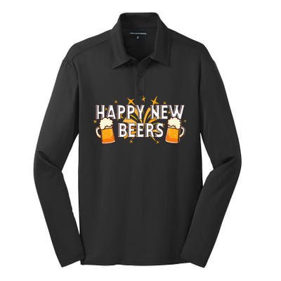 Happy New Beers  New Year NYE Party Funny New Years Eve Silk Touch Performance Long Sleeve Polo