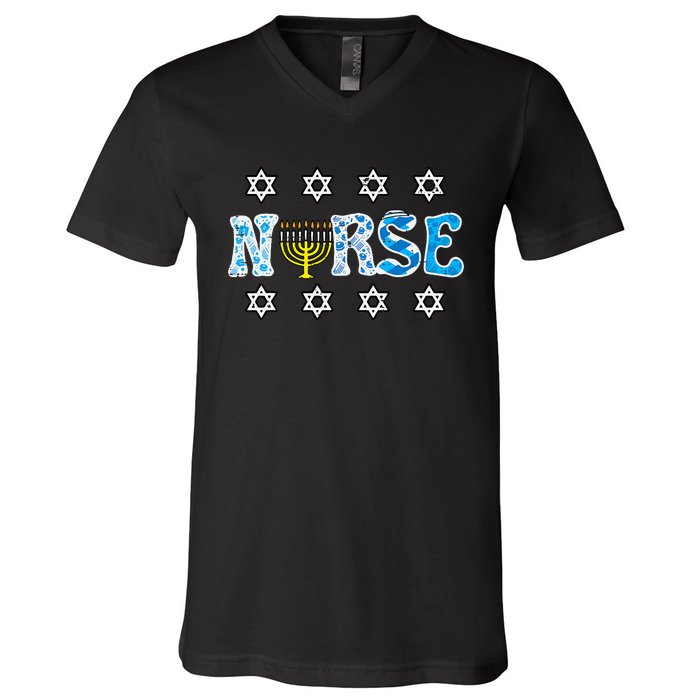 Hanukkah Nurse Chanukah  Jewish RN ER ICU  V-Neck T-Shirt