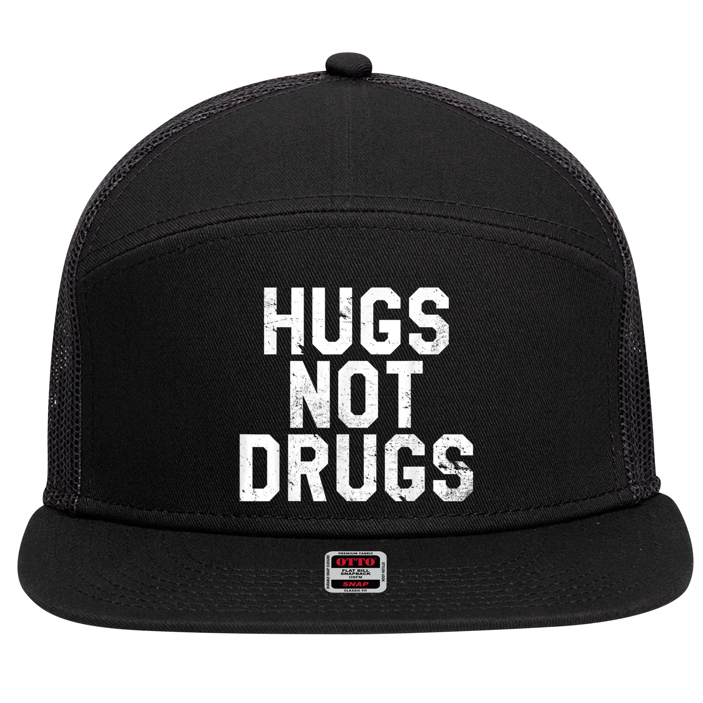 Hugs Not Drugs Distressed Jumbo Print Graphic 7 Panel Mesh Trucker Snapback Hat