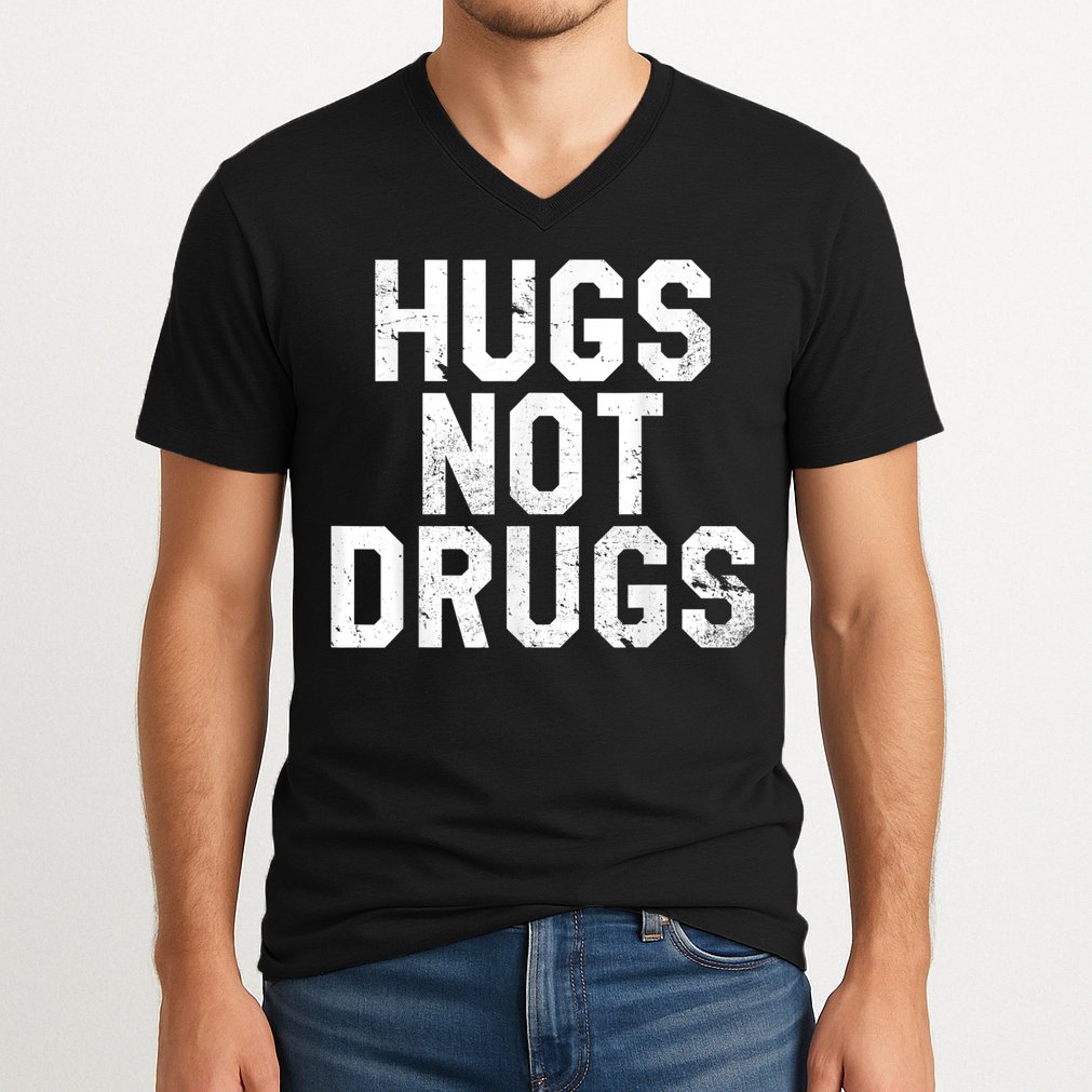 Hugs Not Drugs Distressed Jumbo Print Graphic V-Neck T-Shirt