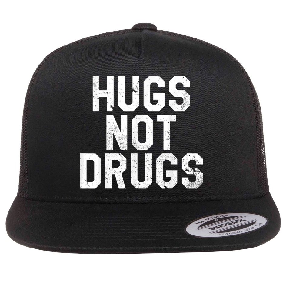 Hugs Not Drugs Distressed Jumbo Print Graphic Flat Bill Trucker Hat