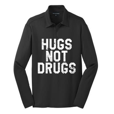 Hugs Not Drugs Distressed Jumbo Print Graphic Silk Touch Performance Long Sleeve Polo