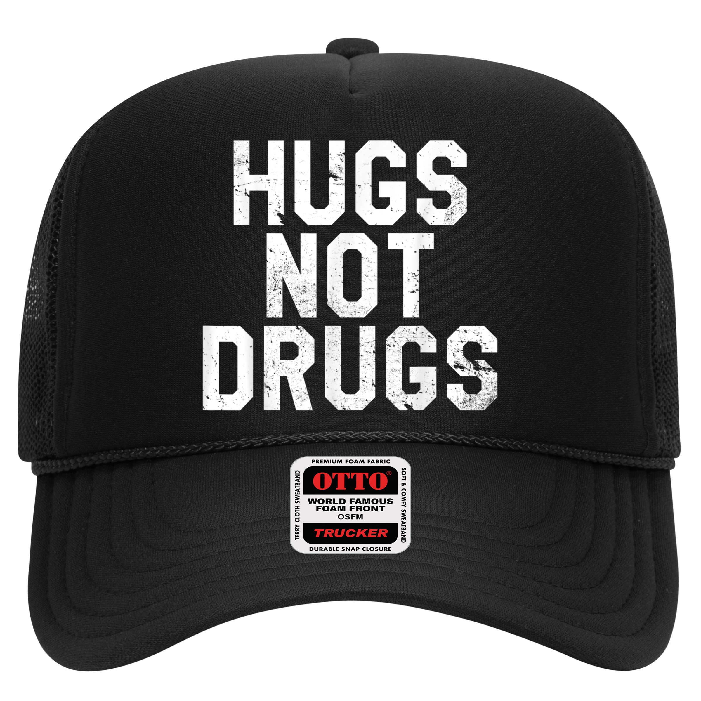 Hugs Not Drugs Distressed Jumbo Print Graphic Hat