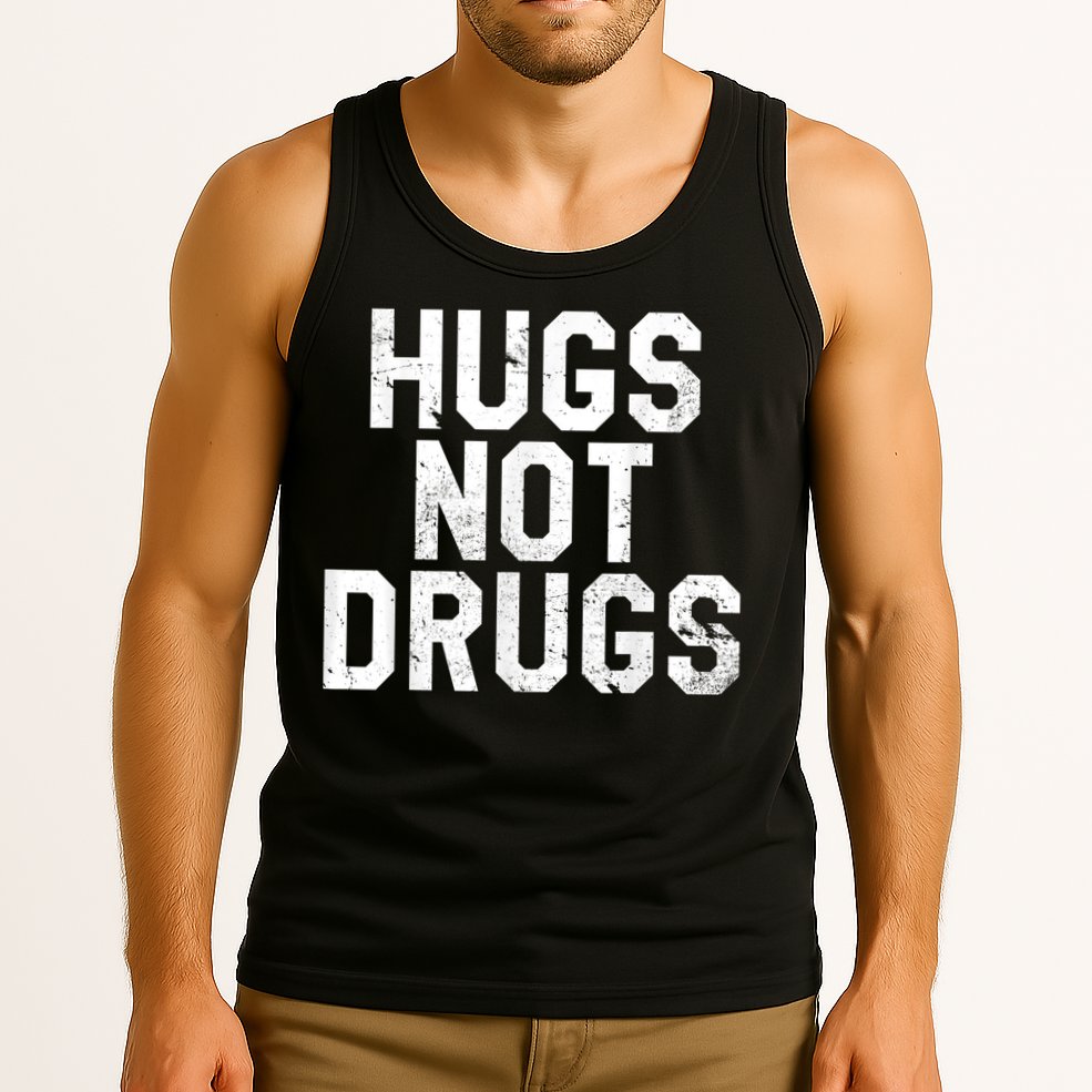 Hugs Not Drugs Distressed Jumbo Print Graphic Tank Top