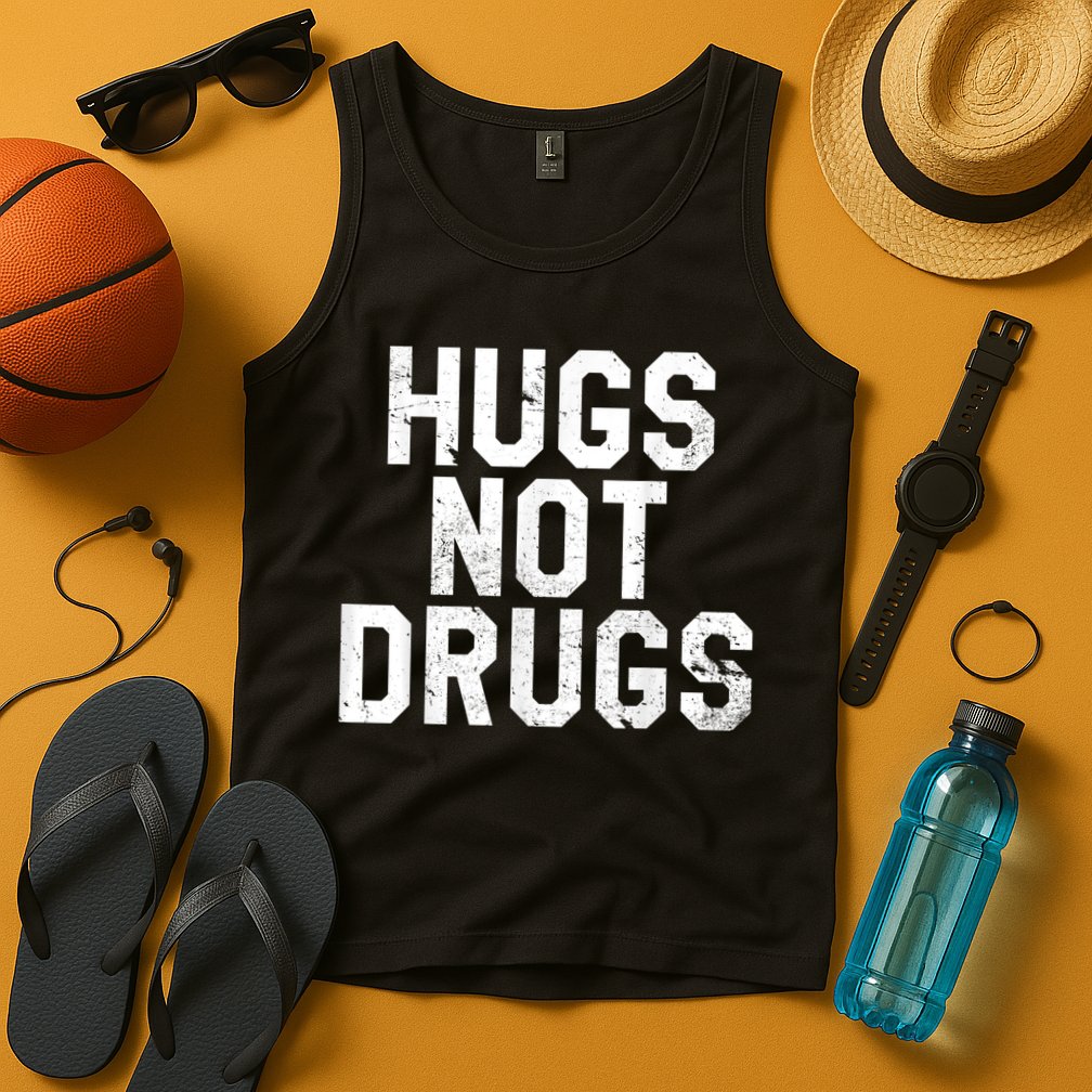 Hugs Not Drugs Distressed Jumbo Print Graphic Tank Top