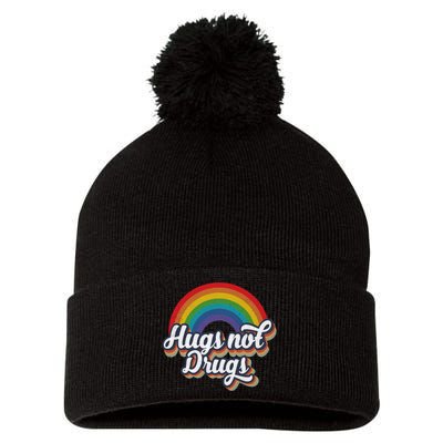 Hugs Not Drugs Rainbow Pom Pom 12in Knit Beanie