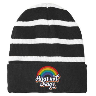 Hugs Not Drugs Rainbow Striped Beanie with Solid Band