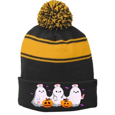 Halloween Nurse Ghosts Boo Crew Stripe Pom Pom Beanie