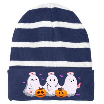 Halloween Nurse Ghosts Boo Crew Striped Beanie with Solid Band