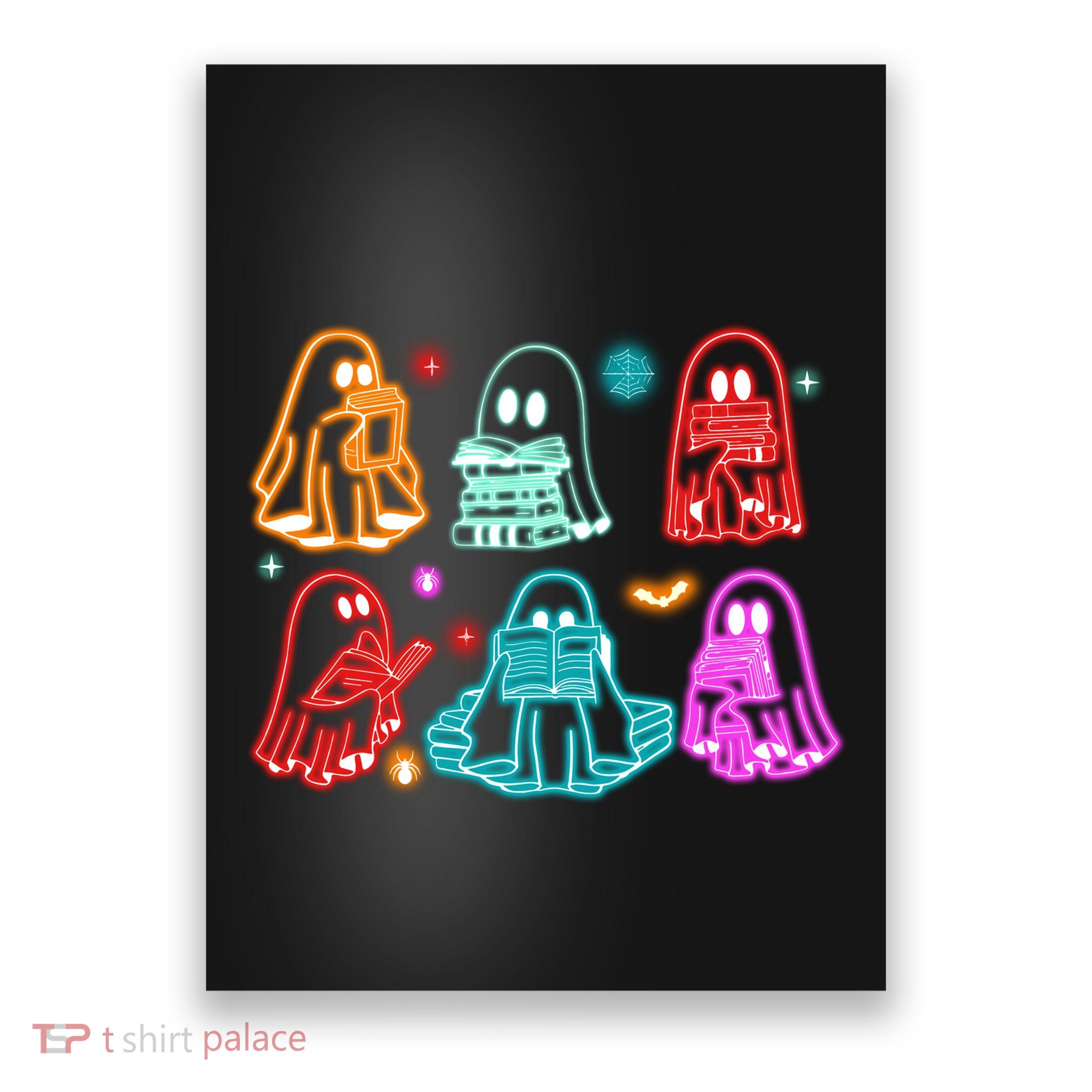 Halloween Neon Ghost Reading Books Spooky Season Poster