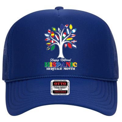 Happy National Hispanic Heritage Month Flag Tree High Crown Mesh Back Trucker Hat