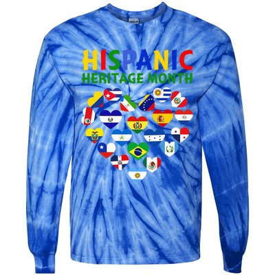 Happy National Hispanic Heritage Month All Countries Heart Tie-Dye Long Sleeve Shirt