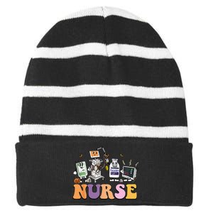 Halloween Nurse Icu Nicu Nurse Er Rn Picu Nursing Striped Beanie with Solid Band