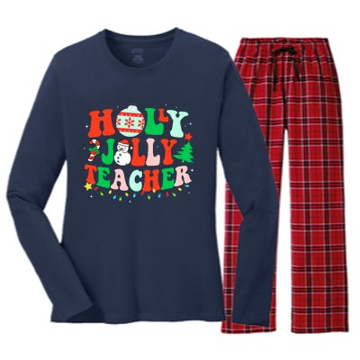 Holly N Jolly Santa Christmas Teacher Life Cute Xmas Holiday Women's Long Sleeve Flannel Pajama Set 