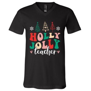 Holly N Jolly Santa Christmas Teacher Funny Xmas V-Neck T-Shirt