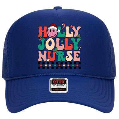 Holly N Jolly Nurse Smile Santa Hat Groovy Nurse Christmas Gift High Crown Mesh Back Trucker Hat