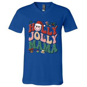 Holly N Jolly Mama Smile Santa Hat Jolly Mama Christmas Gift V-Neck T-Shirt