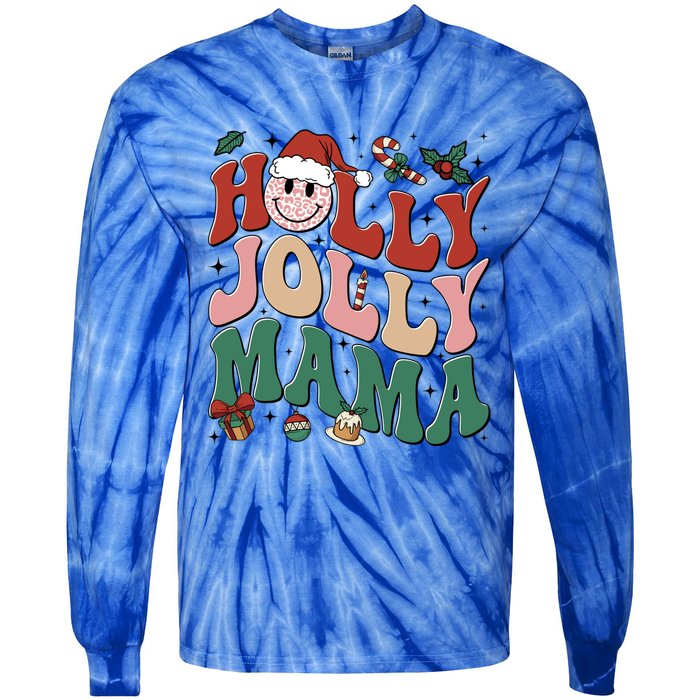 Holly N Jolly Mama Smile Santa Hat Jolly Mama Christmas Gift Tie-Dye Long Sleeve Shirt