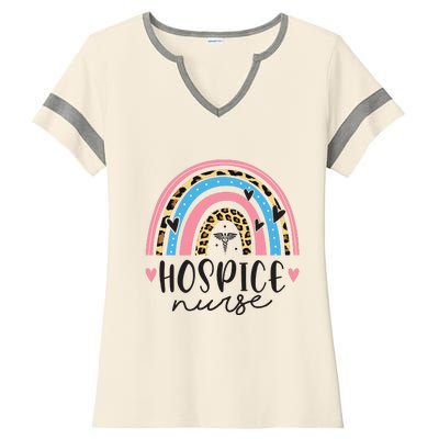 Hospice Nursing Leopard Rainbow RN Registered Hospice Nurse Ladies Halftime Notch Neck Tee