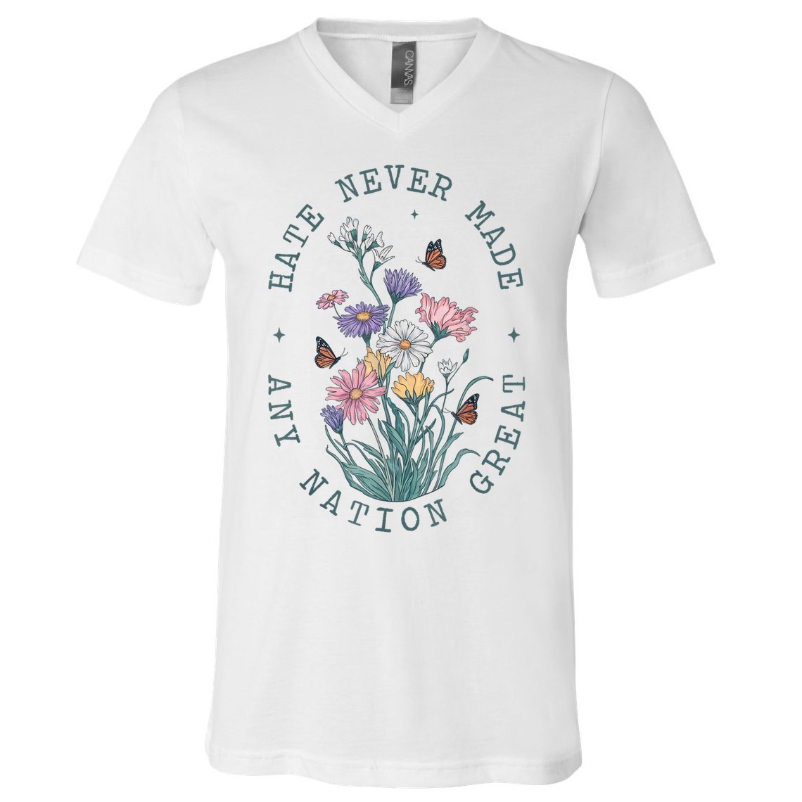 Hate Never Made Any Nation Great Anti Trump Floral Butterflies V-Neck T-Shirt