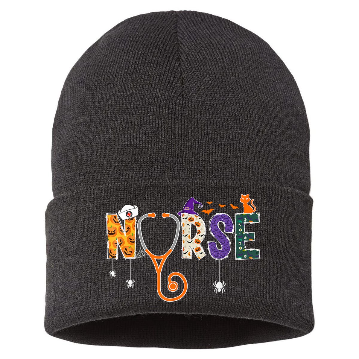 Halloween Nurse Nursing CNA RN LPN Halloween Cat Sustainable Knit Beanie