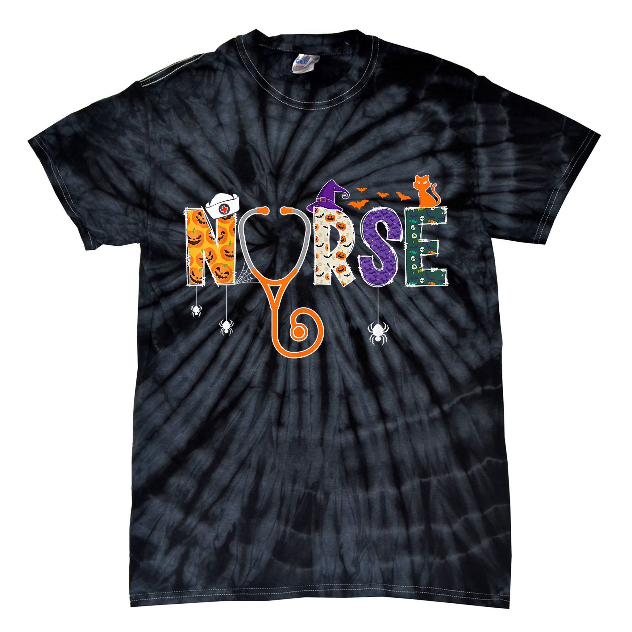 Halloween Nurse Nursing CNA RN LPN Halloween Cat Tie-Dye T-Shirt