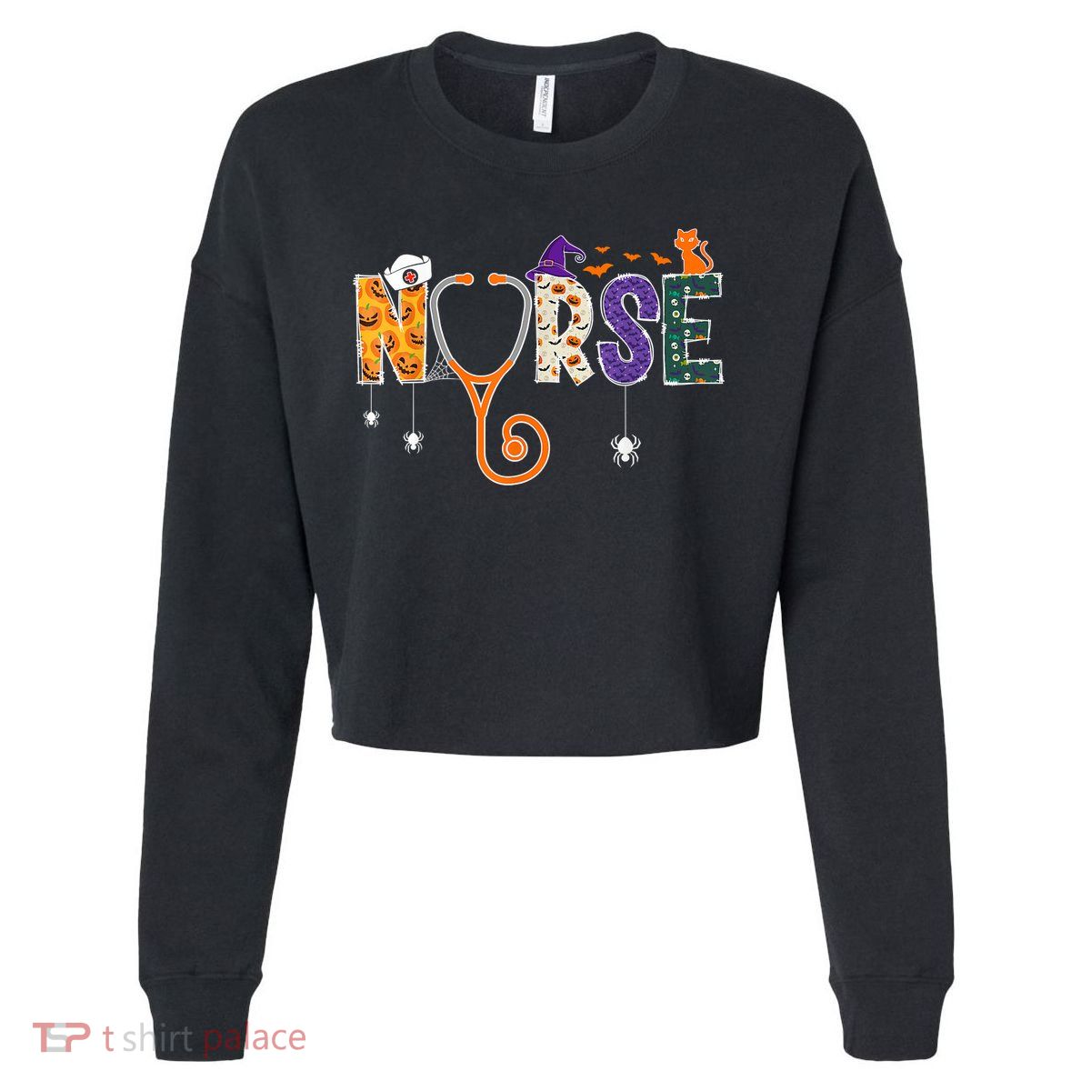 Halloween Nurse Nursing CNA RN LPN Halloween Cat Cropped Pullover Crew