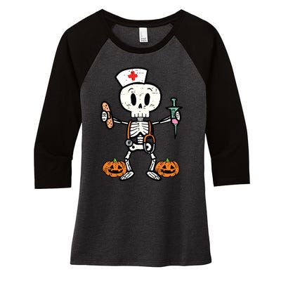 Halloween Nicu Nurse Skeleton Scrub Top Costume Women's Tri-Blend 3/4-Sleeve Raglan Shirt