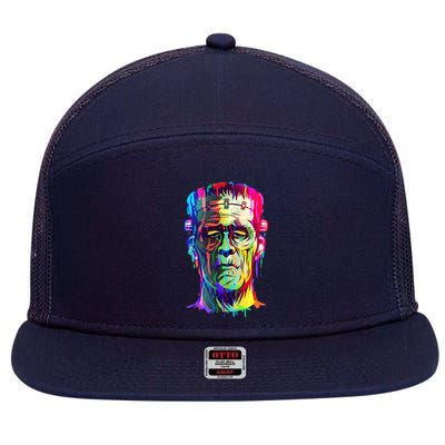 Halloween Neon Paint Drip Frankenstein Monster 7 Panel Mesh Trucker Snapback Hat