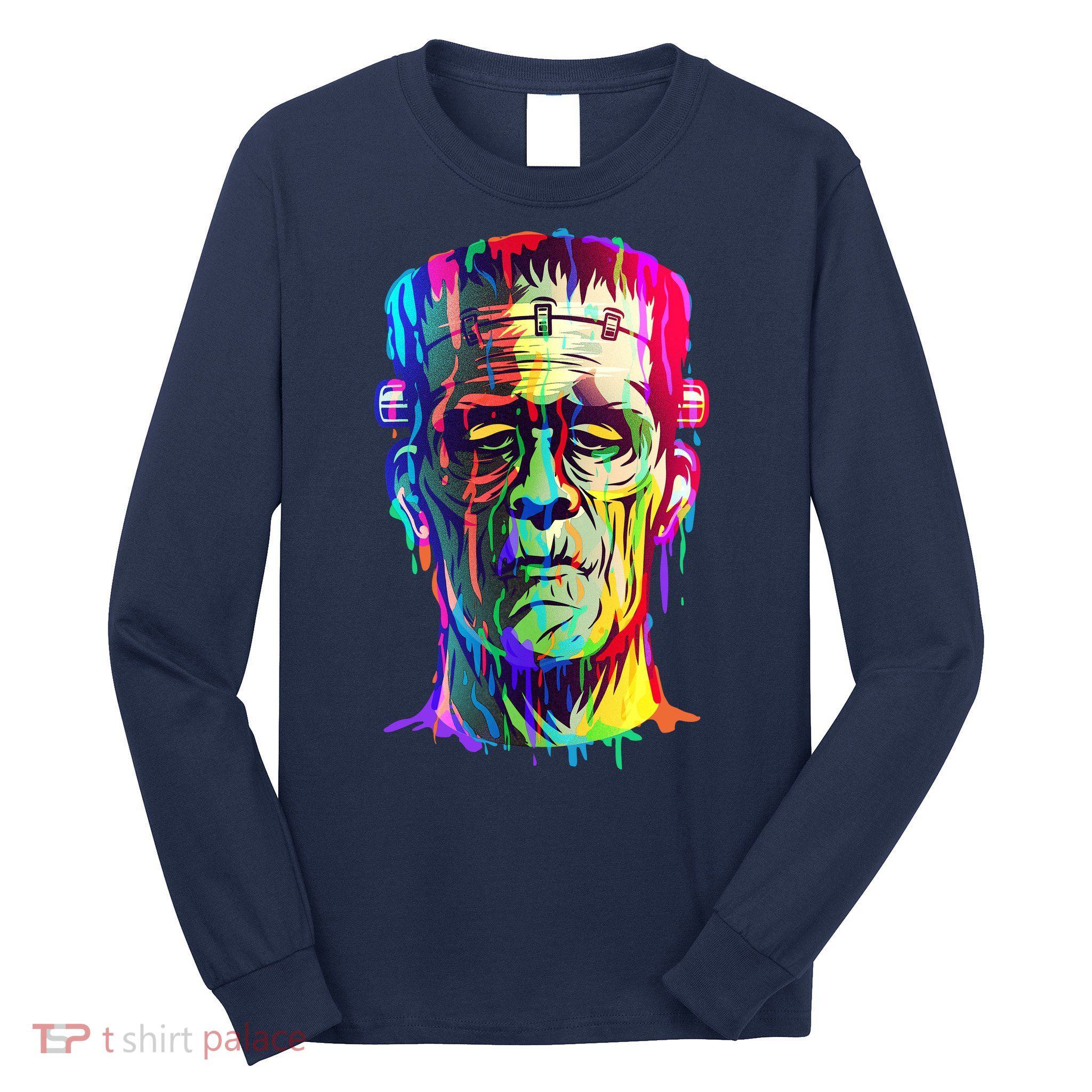 Halloween Neon Paint Drip Frankenstein Monster Long Sleeve Shirt