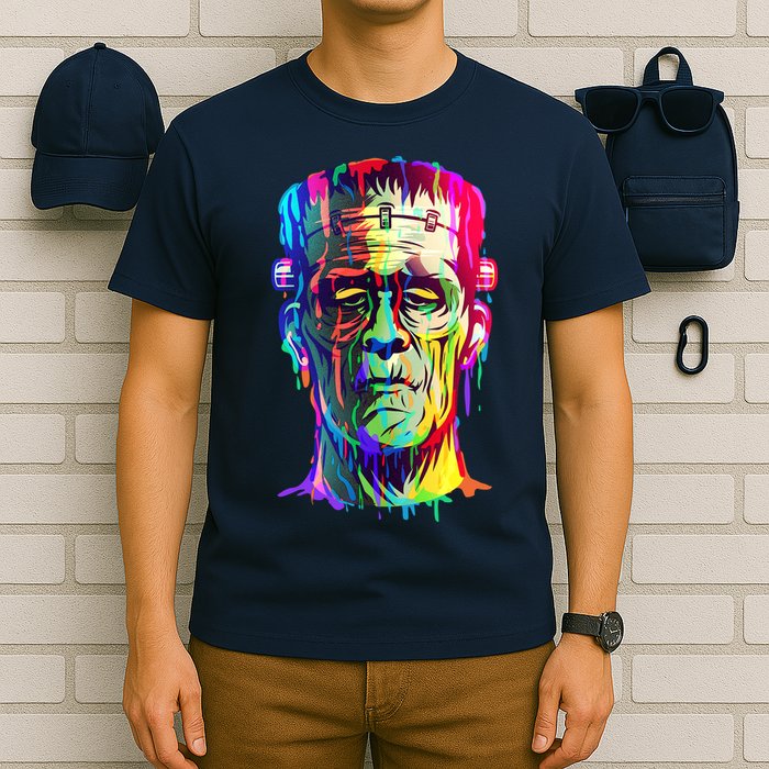 Halloween Neon Paint Drip Frankenstein Monster T-Shirt