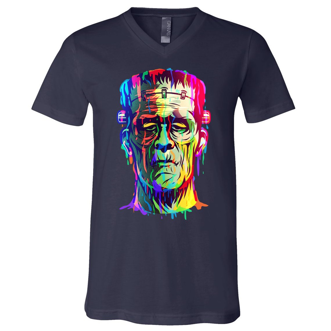 Halloween Neon Paint Drip Frankenstein Monster V-Neck T-Shirt