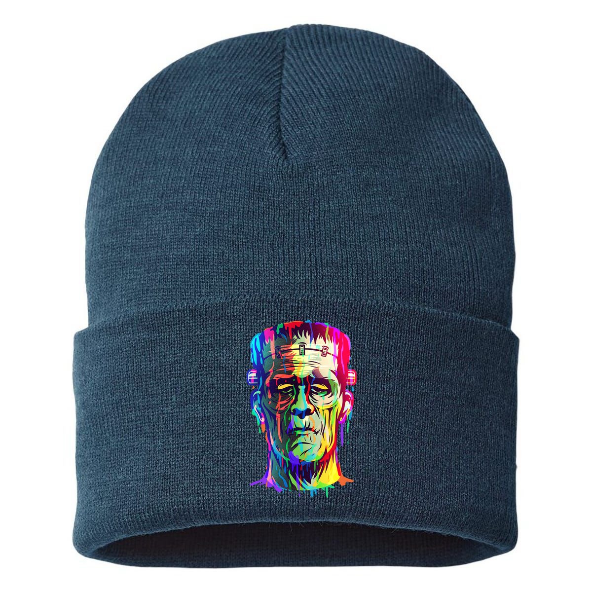Halloween Neon Paint Drip Frankenstein Monster Sustainable Knit Beanie