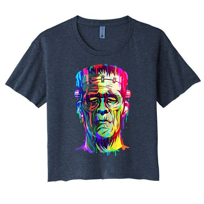 Halloween Neon Paint Drip Frankenstein Monster Women's Crop Top Tee