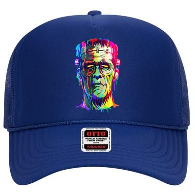 Halloween Neon Paint Drip Frankenstein Monster High Crown Mesh Back Trucker Hat