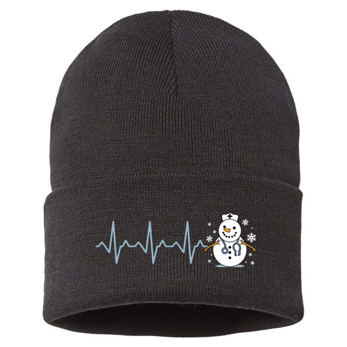 Heartbeat Nurse Snowman Nurse Christmas Sustainable Knit Beanie