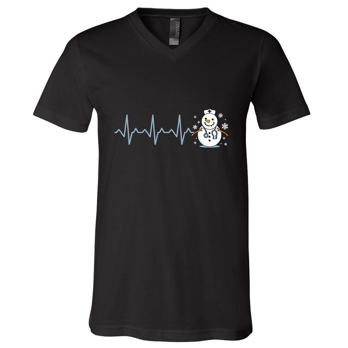 Heartbeat Nurse Snowman Nurse Christmas V-Neck T-Shirt