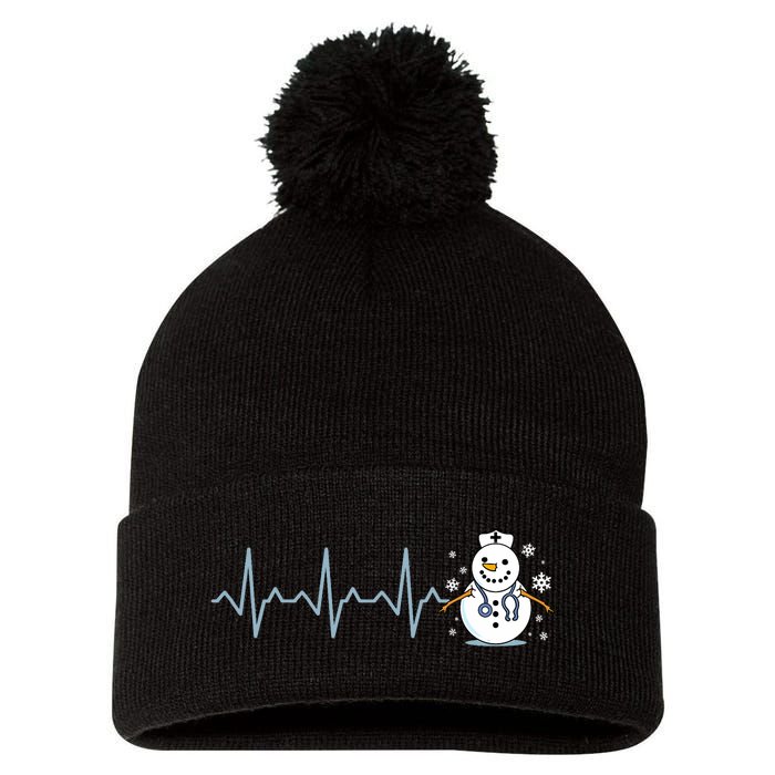 Heartbeat Nurse Snowman Nurse Christmas Pom Pom 12in Knit Beanie