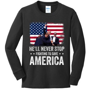 HeLl Never Stop Fighting To Save America Support Trump 2024 Kids Long Sleeve Shirt