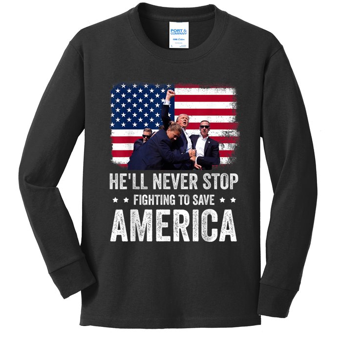 HeLl Never Stop Fighting To Save America Support Trump 2024 Kids Long Sleeve Shirt