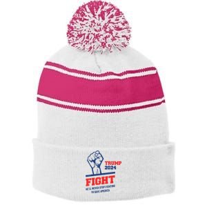 HeLl Never Stop Fighting To Save America Trump 2024 Stripe Pom Pom Beanie