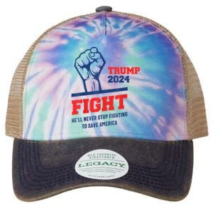 HeLl Never Stop Fighting To Save America Trump 2024 Legacy Tie Dye Trucker Hat