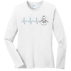 Heartbeat Nurse Snowman Nurse Christmas Ladies Long Sleeve Shirt