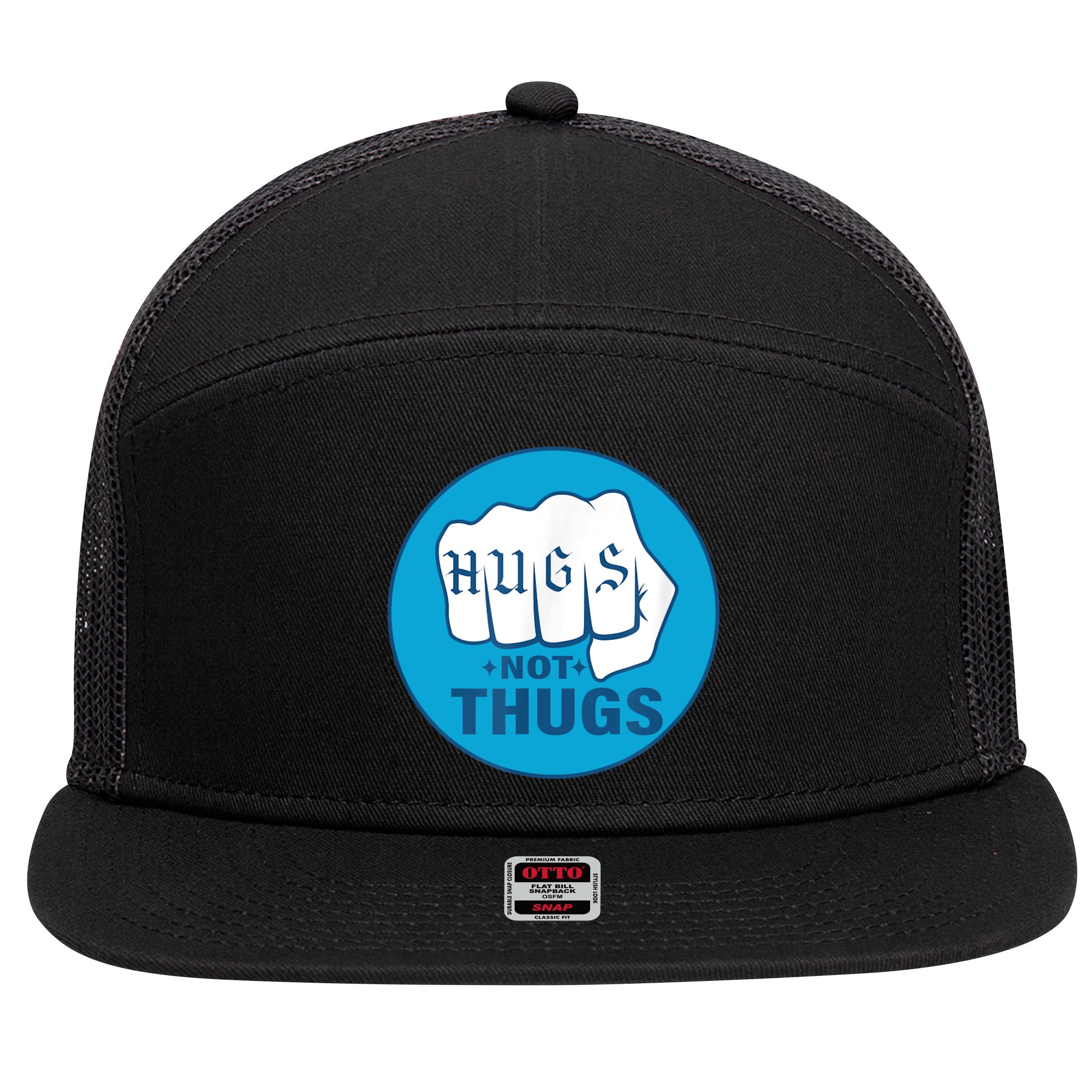 HUGS NOT THUGS 7 Panel Mesh Trucker Snapback Hat