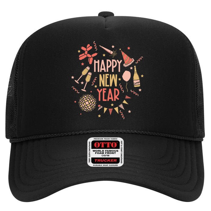 Happy New Year NYE Party 2024 Funny New Years Eve Confetti  High Crown Mesh Back Trucker Hat