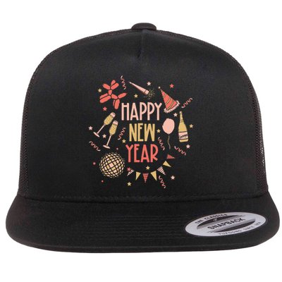 Happy New Year NYE Party 2024 Funny New Years Eve Confetti  Flat Bill Trucker Hat