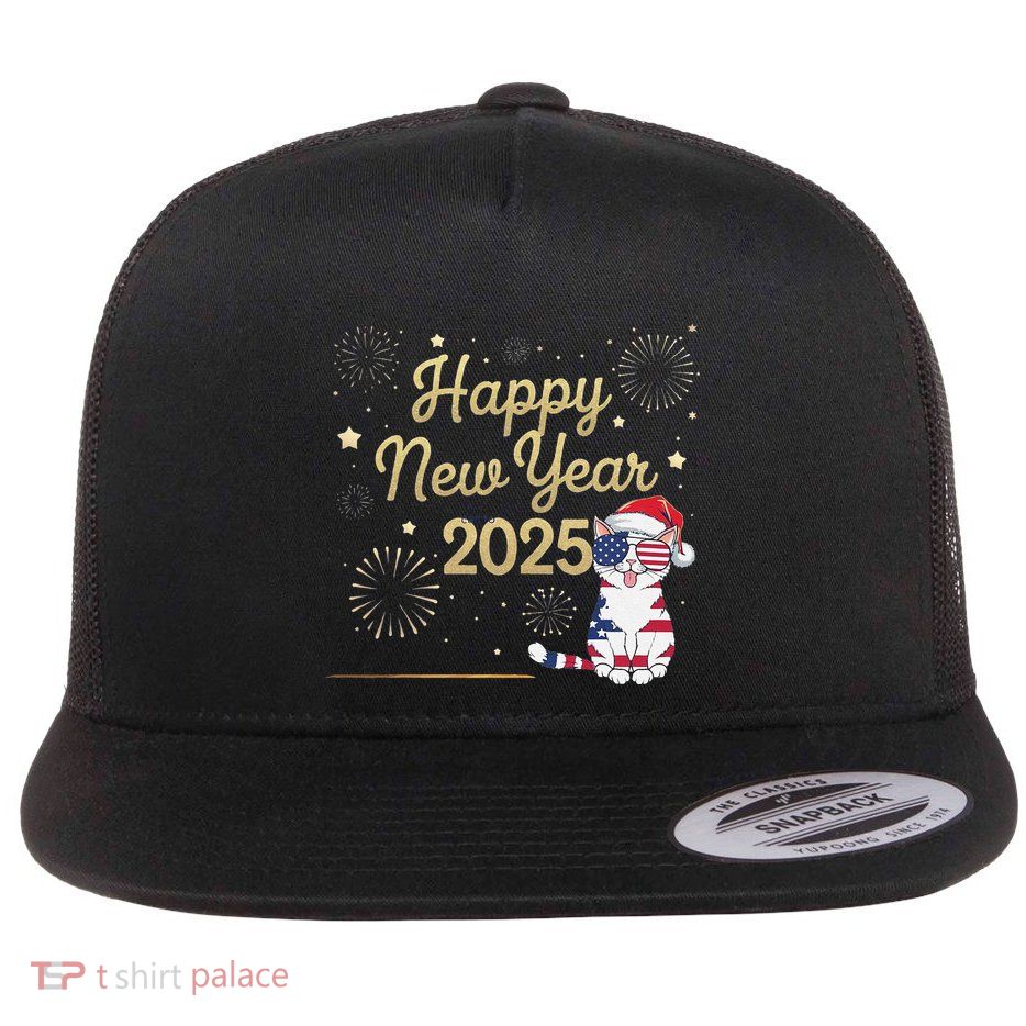 Happy New Year 2025 Cat With Fireworks Design Flat Bill Trucker Hat